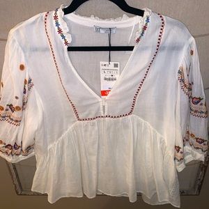 NWT Zara Boho Floral Embroidered Blouse - LARGE